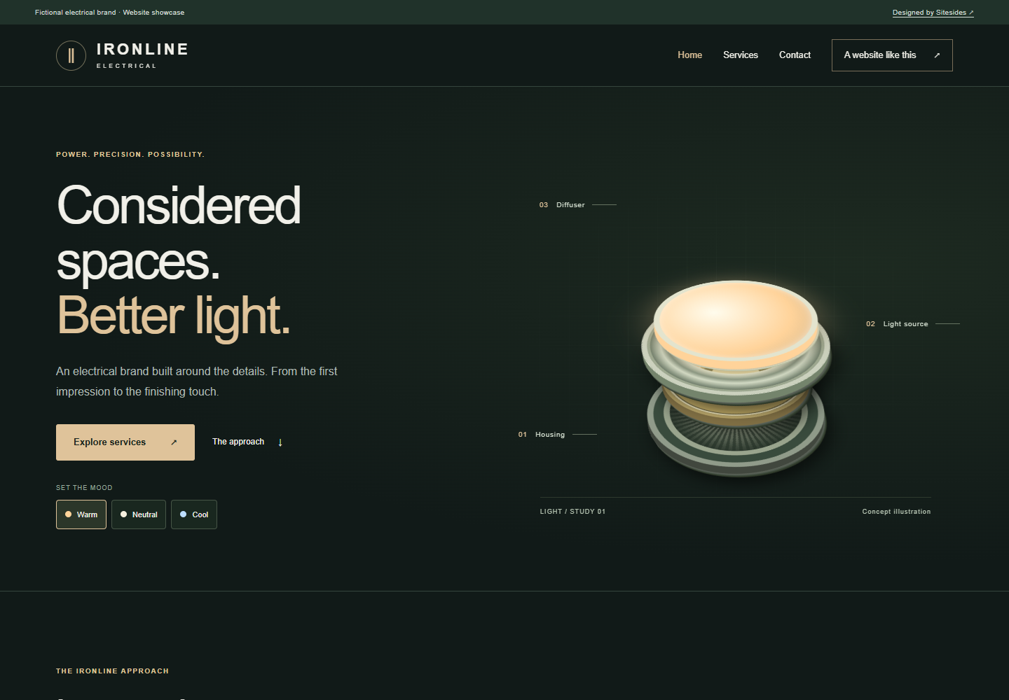 Ironline Electrical website showcase with a dark green design, warm typography and an exploded light-fitting illustration